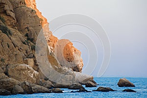 Sea and rocks landscape at Cape Meganom, the east coast of the peninsula of Crimea. Colorful background. Travelling concept. Copy