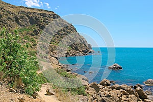Sea and rocks landscape at Cape Meganom, the east coast of the peninsula of Crimea. Colorful background. Travelling concept. Copy