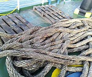 The sea rope on the deck of the ship