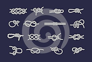 Sea rope knots and loops set. Marine rope and sailors ship knot, cord sailor borders, knot sail, package rope, looped string, photo