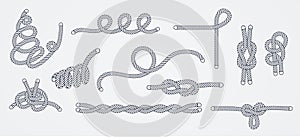 Sea rope knots and loops set. Marine rope and sailors ship knot, cord sailor borders, knot sail, package rope, looped string,