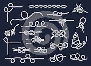 Sea rope knots and loops set. Marine rope and sailors ship knot, cord sailor borders, knot sail, package rope, looped string