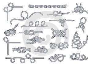 Sea rope knots and loops set. Marine rope and sailors ship knot, cord sailor borders, knot sail, package rope, looped string