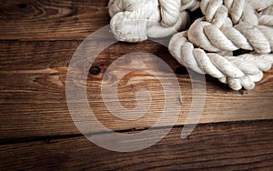 Sea rope on a wooden floor, close-up