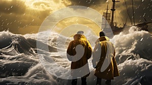 Sea\'s Wrath: Two Sailors Confront Stormy Seas with Sailing Ship