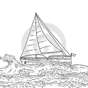 Sea sailboat yacht on the waves. Modern ship with sails doodle black white line sketch isolated illustration.