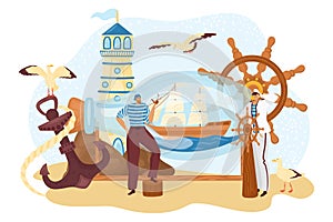 Sea sailor people, seaman near bottle ship, marine cruise captain travel at boat, vector illustration. Cartoon nautical