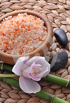 Sea salt bath in wooden bowl