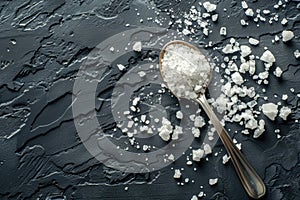 Sea Salt Crystals in Spoon on Textured Black Slate Background, Culinary Theme