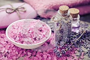 Sea salt, dry lavender, essential oil and lavender flowers