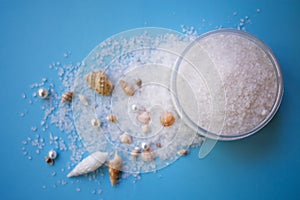 Sea salt for exfoliation on blue background with sea shells