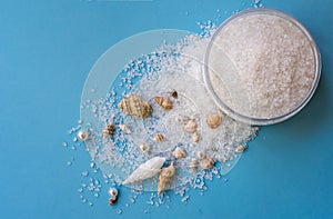 Sea salt for exfoliation on blue background with sea shells