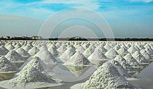 Sea salt farm and barn in Thailand. Organic sea salt. Raw material of salt industrial. Sodium Chloride. Solar evaporation system.