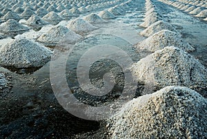 Sea salt farm at Samut Sakhon, Thailand. Organic sea salt. Evaporation and crystallization of sea water. Raw material of salt