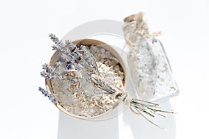 Sea salt in a glass jar with a cork stopper. Spa products
