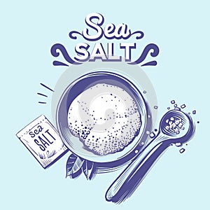 Sea salt. Hand drawn salting crystals, sodium spice ingredient. Himalayan salt, spoon with powder, seasoning salt photo