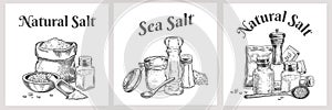 Sea salt labels. Natural and organic salting crystals for bath. Cooking poster with seasoning. Vintage spice or salt