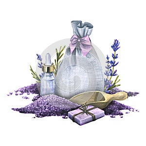Sea salt, oil, soap and lavender flowers. Watercolor composition from a large set of Lavender SPA. Illustration for the