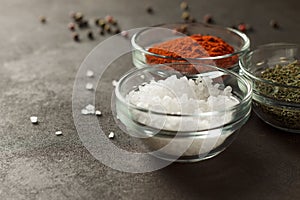 Sea salt, paprika and dry thyme in glass bowls on dark stone background.