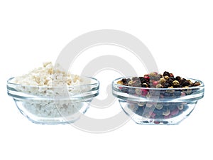 Sea salt and pepper in glass bowl