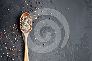 Sea salt, pepper mix, cardamon, mustard seeds and red paprika flakes in wooden spoon