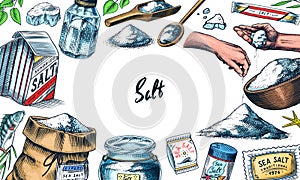 Sea salt poster or banner. Glass bottles, packaging and and leaves, wooden spoons, powdered powder, spice in the hand