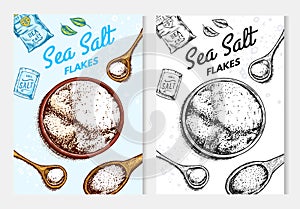 Sea salt posters and banners. Vintage labels. Glass bottles, packaging and and leaves, wooden spoons, powdered powder