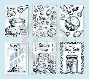 Sea salt posters and banners. Vintage labels. Glass bottles, packaging and and leaves, wooden spoons, powdered powder