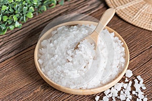 Sea salt in wood plate.