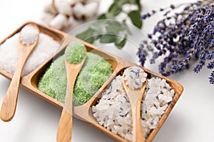 Sea salt with wooden spoons and herbs