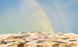 Sea sand beach and rainbow sky a background