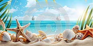 Sea sand beach with seashells starfish suncare mockup templat.generative ai. photo