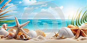 Sea sand beach with seashells starfish suncare mockup templat.generative ai. photo