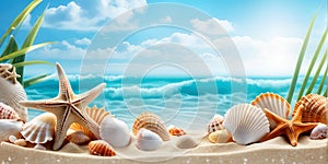 Sea sand beach with seashells starfish suncare mockup templat.generative ai. photo