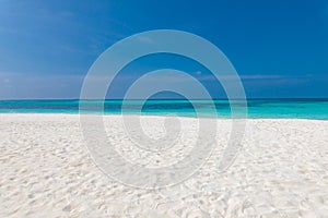 Sea sand sky concept. Closeup of sand on beach and blue summer sky, calmness and inspiration nature landscape concept