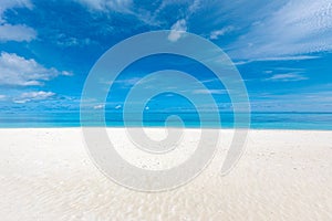 Sea sand sky and summer day. Calm summer beach scene, blue sky and white sand, Mediterranean tropical shore