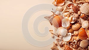 Sea sand with starfish and shells. Top view with copy space