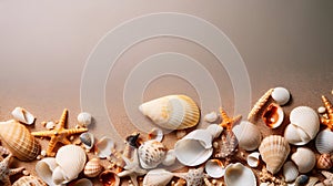 Sea sand with starfish and shells. Top view with copy space