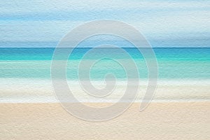 Sea and sandy beach abstract watercolour paint on texture paper background.