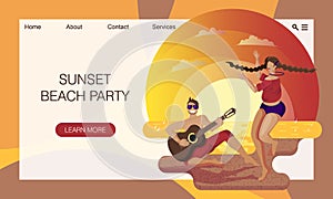 Sea and sandy beach on sunset. Young guy guitar player playing guitar for a dancing girl. Concept of website, landing page