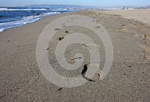 By the sea on the sandy beach of an Italian beach establishment in Versilia, Tuscany