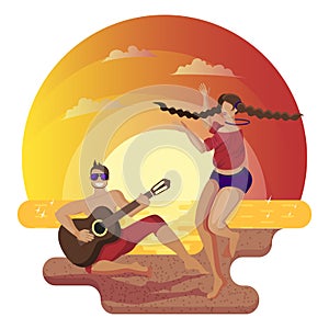 Sea and sandy beach on sunset. Young guy guitar player playing guitar for a dancing girl