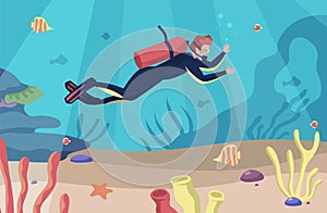 Sea scuba diving. Man swims underwater. Character dives with goggles and aqualung. Undersea swimming in tropical ocean