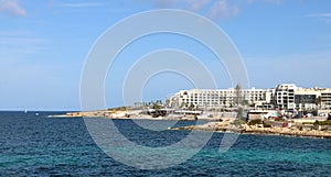 Sea, seafront, promenade, hotels, Bugibba, Malta