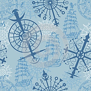 Sea seamless background with marine symbols, compass and ships on blue