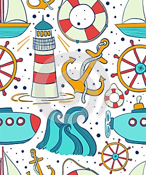 Sea seamless pattern. Childrens background of marine themes. Boyish ornament for fabric. photo