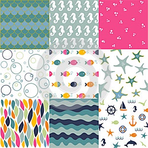 Sea seamless patterns, nautical design, marine elements