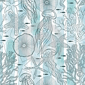 Sea. Seamless vector pattern with underwater plants,  sea creatures on blue watercolor background. Perfect for design templates,