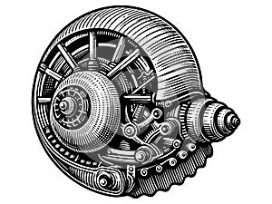 Sea shell with a complex mechanism. Hand drawing vintage style black. Raster, generative ai.