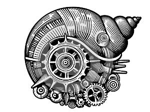 Sea shell with a complex mechanism. Hand drawing vintage style black. Raster, generative ai.